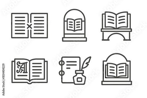 Manuscript Icon Design. Icons for: manuscript span showcases joining sides, written arch exhibits, text-bound bridge forms,