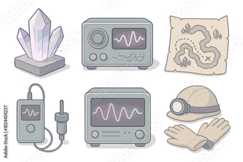 Crystal Energy Study Icons. Isometric vector illustration set of crystal energy study workflow: glowing crystal sample, resonance
