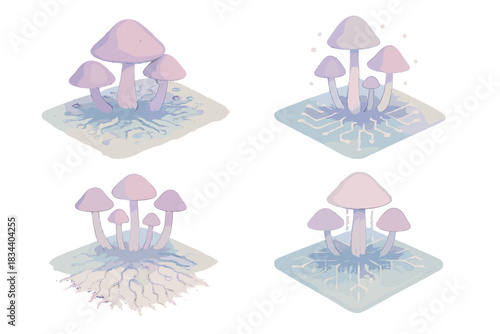 Watercolor Data Forest. Isometric vector illustration set Watercolor data forest: circuit patterns fading under mushroom colonies,