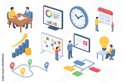 Isometric Business Tools. Isometric vector illustration set of Business: contract review table, productivity tracker, time