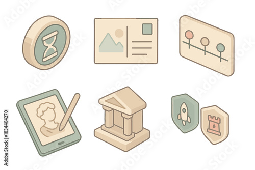 Temporal Adventure Icons. Isometric vector illustration set of temporal adventure collection: futuristic coin, vintage postcard,