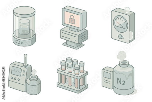 Cryogenic Archive Icons. Isometric vector illustration set of cryogenic archive management: glass vitrification unit, protected