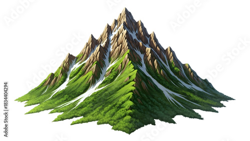 Jagged snow-capped mountain peak with green grassy slopes and rocky outcrops isolated on a transparent background