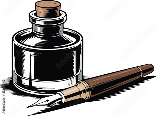 Old fashioned inkwell with cork and brown fountain pen lying on surface illustration vector drawing, antique style and realistic shadow