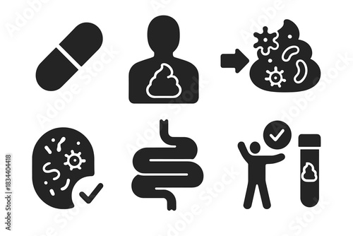 Fecal Transplant Icons. Solid style icons of fecal microbiota transplants: capsule delivery, stool donor symbol, microbiota