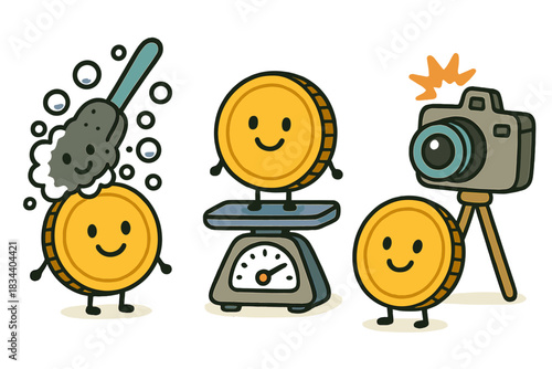 Coin Processing Fun. Fun doodle illustration of the coin verification process — cheerful coins being cleaned, weighed, and