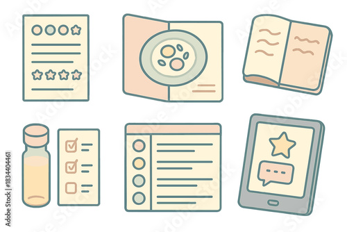 Culinary Review Tools. Isometric vector illustration set of culinary review tools: tasting scorecard, plate presentation mockup,