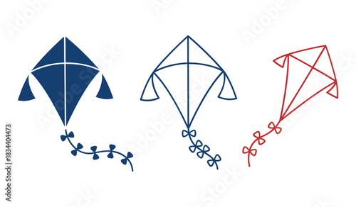 Three kites in blue, outline, and red with tails on white background flying recreation