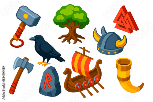 Norse Mythology Icons. Isometric vector illustration set Mythology and folklore – Mjölnir hammer, Yggdrasil tree, Valknut symbol;