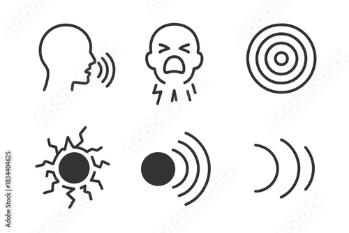 Sound Wave Echoes. Line style icons of a dark ultimatum expressed through sound: silhouetted head emitting layered waves, minimal