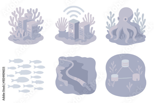Underwater Data Ecosystem. Isometric vector illustration set of underwater data ecosystems: server clusters shaped as coral