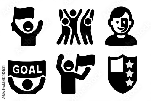 Vexillology Icons in Action. Line style icons of Vexillology: sports fan flag, stadium wave icon, country supporter face, cheering