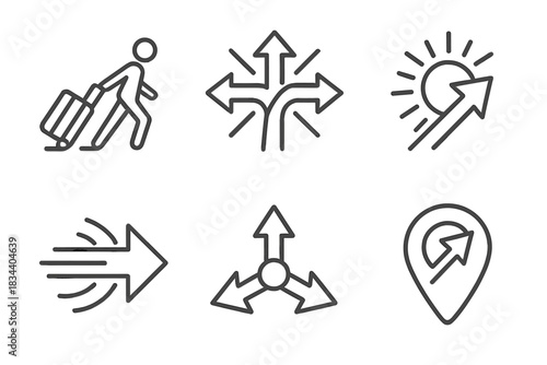 Dynamic Voyage Icons. Line vector icons of a pushing voyage hub: dynamic travel centers, forward-moving intersections, radiant