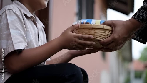 Child hands a woven basket to another person near a house in the evening while sitting on a step