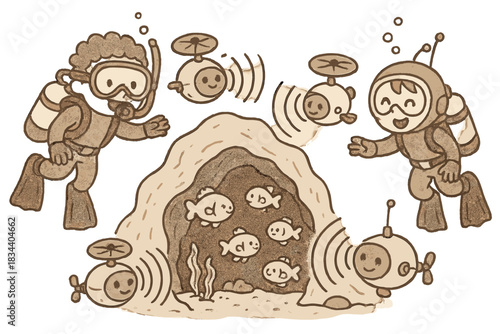 Underwater Exploration Fun. Adorable doodle scene of cheerful divers and friendly underwater drones using sonar waves to map caves