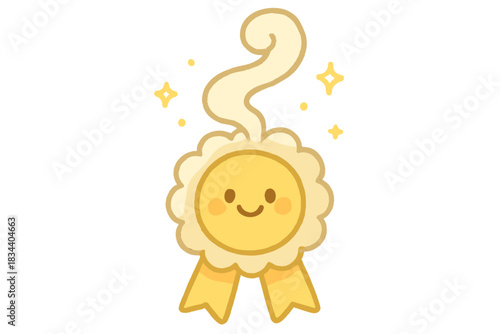 Cheerful Accomplishment Ribbon. A cheerful steam swirl forming a smiling "accomplishment" ribbon, tiny sparkles floating, soft