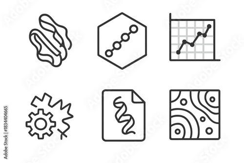 Protein Design Icons. Line style icons of protein design: folded protein icon, amino acid chain badge, protein modeling chart,