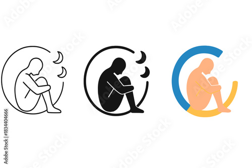 Silhouette in Sleep Cycles. Human silhouette in calm resting pose surrounded by circular sleep cycle arcs, first in line style