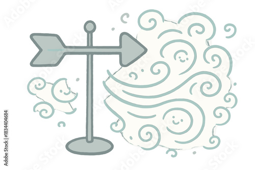 Playful Weather Vane. A playful weather vane pointing to "inner turbulence," tiny smiling wind lines swirling around, soft rounded