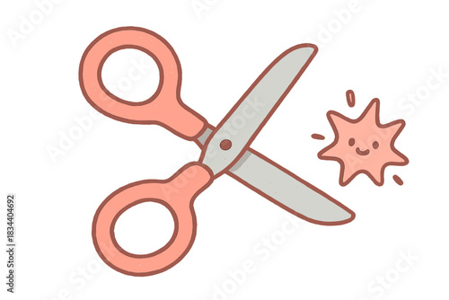 Playful Snipping Delight. A playful pair of scissors snipping with a tiny smiling "flavor explosion" symbol, soft rounded doodle