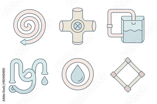 Esoteric Plumbing Diagrams. Isometric vector illustration set Esoteric plumbing diagrams: spiral conduits, symbolic valves, hidden