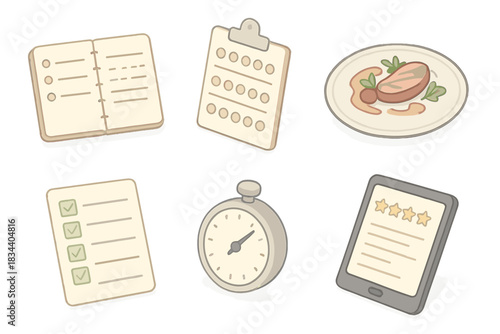 Restaurant Evaluation Tools. Isometric vector illustration set of restaurant evaluation tools: tasting notes notebook, scorecard