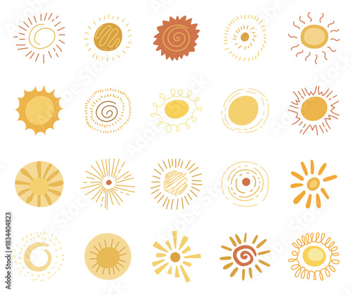 Sun doodle shapes set illustrating hand drawn circular symbols with varied rays forms for warm abstract decorative design projects elements