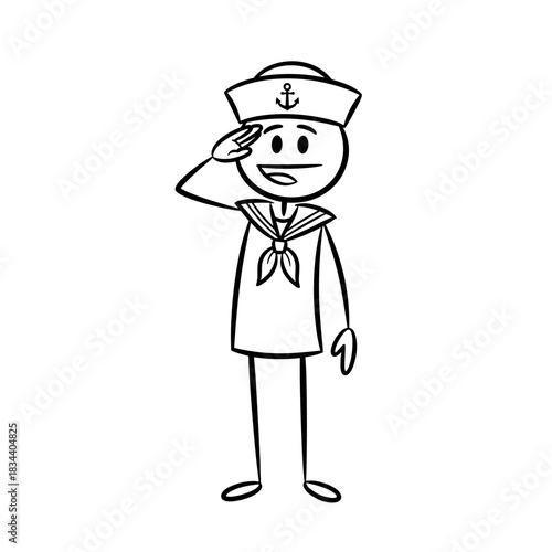 Stick figure sailor saluting in traditional navy uniform  