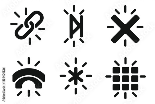 Radiant Symbolic Icons. Solid style icons of symbolic language: bright glyph union, radiant rune bond, glowing mark connection,