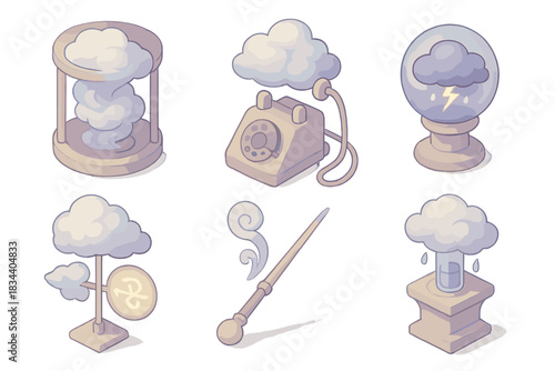 Sentient Weather Control Icons. Isometric vector illustration set Sentient cloud formation and weather control: swirling cumulus