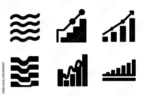 Harmonic Icon Series. Solid style icons of harmonic advancement: cascading progress wave, resonant ladder line, tonal stage