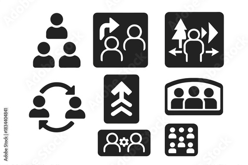 AI Tactics Icons. Solid style icons of team-based AI tactics: triangle formation icon, flanking move badge, ambush panel. Support