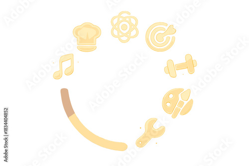 Skill Mastery Badges. a group of small glowing badges representing mastered skills filling a progress ring, lavender and sand