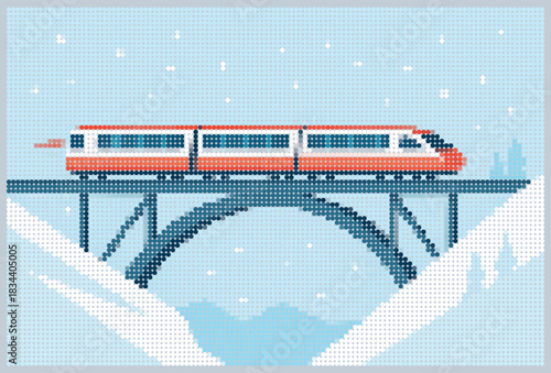 Halftone dot train crossing bridge vector illustration. Winter snowy landscape with red railway locomotive on arch in geometric pixel stipple mosaic art style design background.