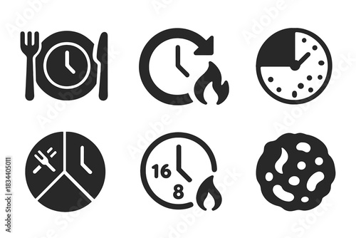 Intermittent Fasting Icons. Solid style icons of intermittent fasting cycles: empty plate with clock, fasting window icon, calorie