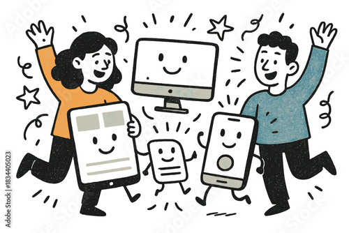 Designers Celebrating Accessibility. Playful doodle composition showing friendly designers and devices celebrating clear layouts