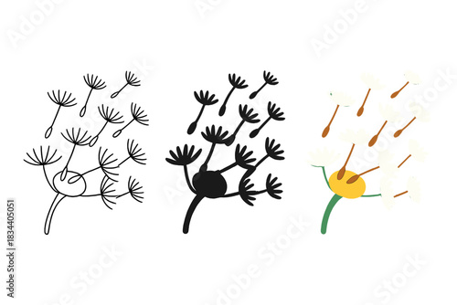 Dandelion Seeds Dance. Field of dandelion seeds floating through air like coordinated parachutes, first in line style with thin