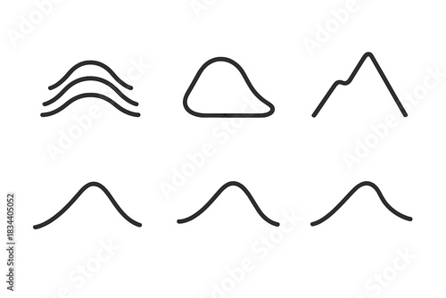 Serene Hilltop Icons. Line style icons of nurturing curved elevation: layered hilltop with symmetrical arcs, rounded contour