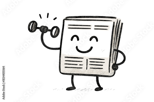 Smart Newspaper Workout. Charming doodle newspaper lifting a small dumbbell with a smiling face, symbolizing smart and strong