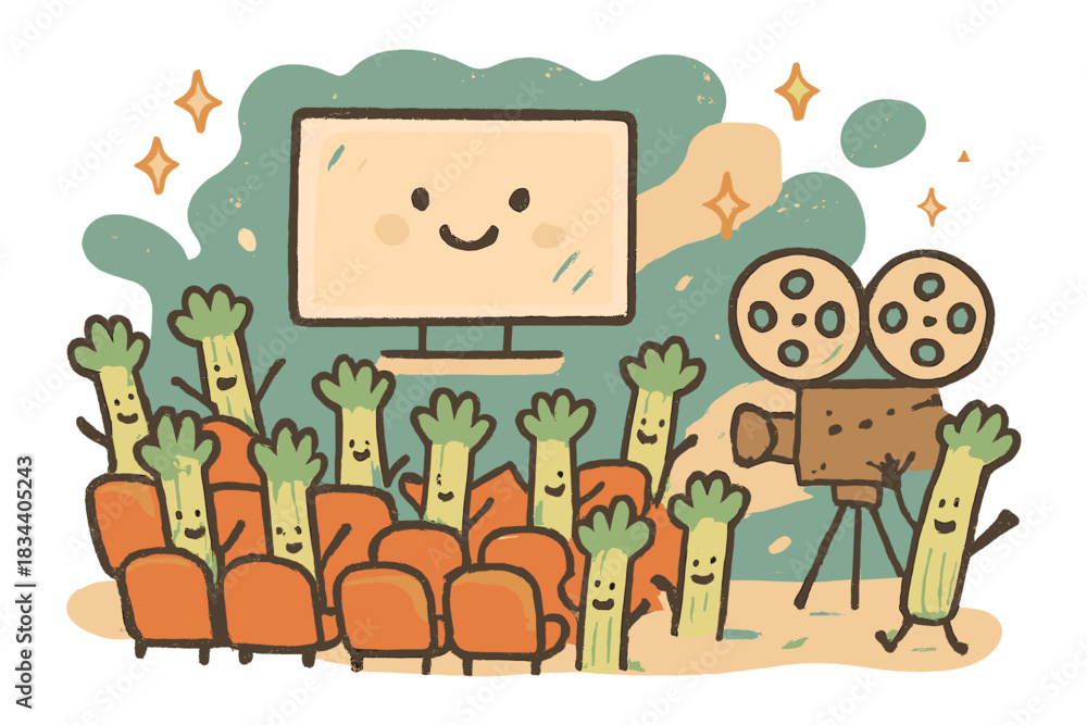 Fototapeta premium Whimsical Miniature Cinema. A miniature cinema scene with tiny joyful celery reels, floating sparkles and soft abstract shapes,