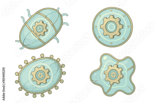 Industrial Microbe Icons. Isometric vector illustration set Industrial stained microbes: glass cells with metallic ribs,