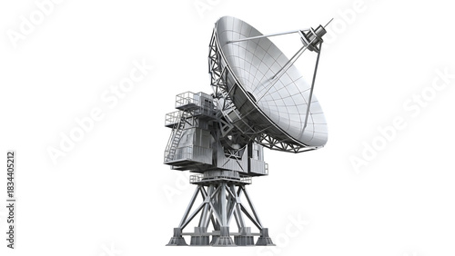 Large white satellite dish antenna with complex support structure and access stairs isolated on a transparent background