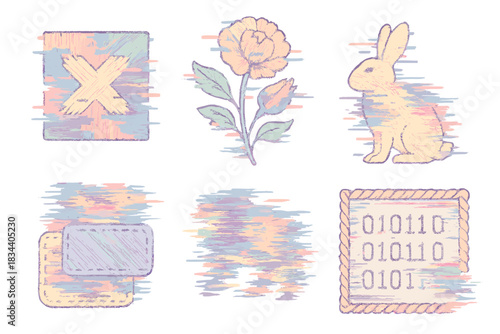 Glitch Embroidery Concepts. Isometric vector illustration set of glitch embroidery concepts: error stitch motif, floral distortion