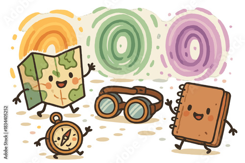 Interdimensional Adventure Gear. Adorable doodle scene of cheerful interdimensional travel gear — map, compass, goggles, and