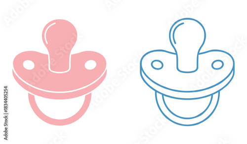 Two pacifier icons, one pink solid fill and one blue outline, on white background Keywords: pacifier, soother, baby, infant, child, dummy, nipple, pink, blue, outline, solid fill, icon, symbol