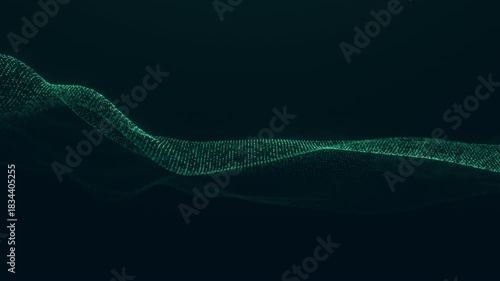 Abstract background of particle wave on dark green-blue background. Duration 60 sec. Maximum resolution 4K. 3D rendering.