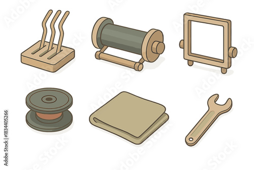 Vintage Typewriter Toolkit. Isometric vector illustration set of vintage typewriter toolkit: key lever tester, carriage roller,