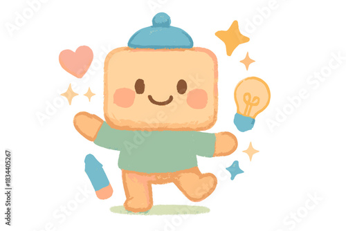 Indie Mascot Sparkles. A happy indie mascot with tiny sparkling icons representing creativity, soft harmonious pastel palette, No