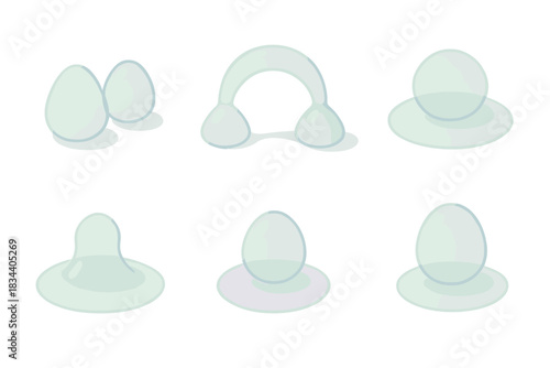 Liquid Contact Moments. Isometric vector illustration set Liquid contact moments: droplets touching, thin film arcs, surface