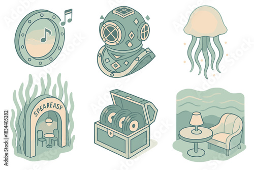 Underwater Art Deco Icons. Isometric vector illustration set of underwater art deco icons: porthole window releasing musical notes